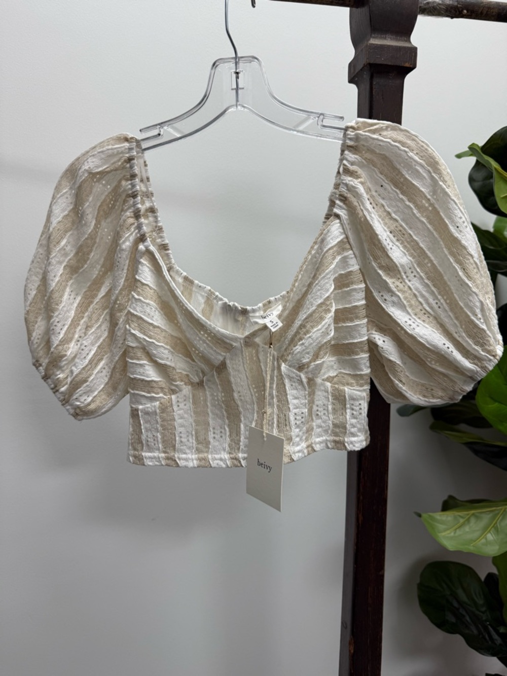 Bevy Cream & White Striped Puff-Sleeve Crop Top